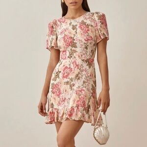 Reformation Beesley Pink Yellow Floral Rose Print Short Sleeve Mini Dress Farrah